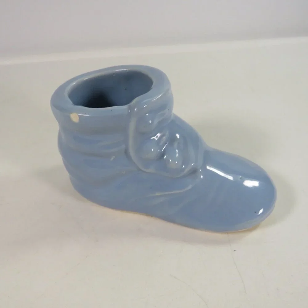 Baby Vintage Ceramic Warm Blue Baby Bootie Shoe Planter Figurine